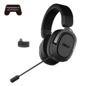 Tai nghe chơi game không dây TUF Gaming H3 Wireless sử dụng chuẩn kết nối 2.4 GHz qua thiết bị USB-C dongle, âm thanh vòm 7.1, âm trầm sâu và thiết kế siêu nhẹ. Tương thích với PC, Mac, PlayStation® 5, Nintendo Switch™